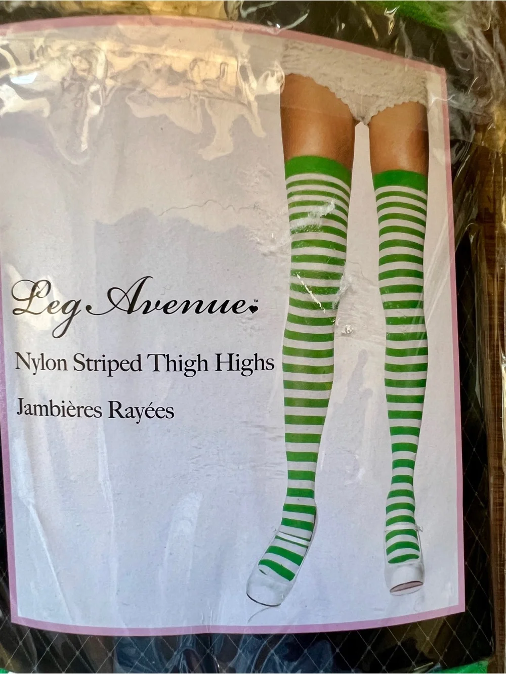 NWT- Leg Avenue Nylon Green and White Striped Thigh High Stockings - One Size